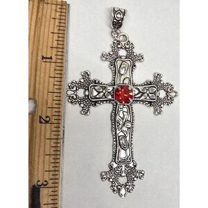 New Ornate Silvertone Cross Pendant Red Stone Center Accent Fleur De Lis Gothic